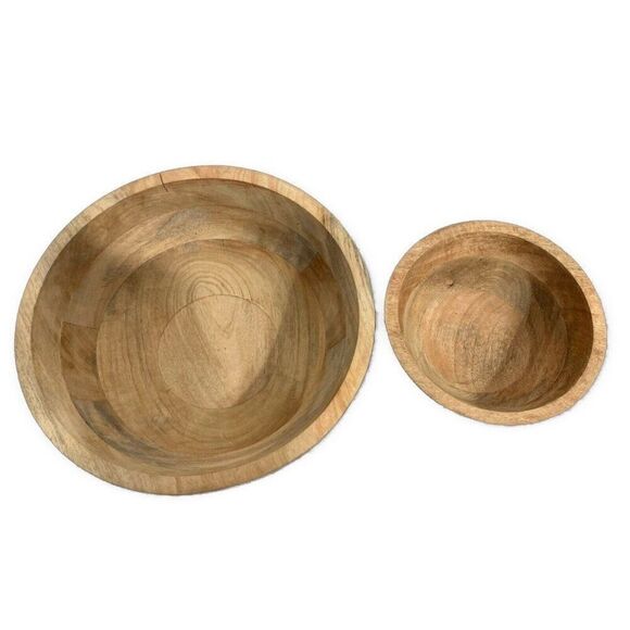 Wood Wooden Engraved Decorative Round Bowl Bowls Set Lot 2 Beige Brown - Picture 2 of 3